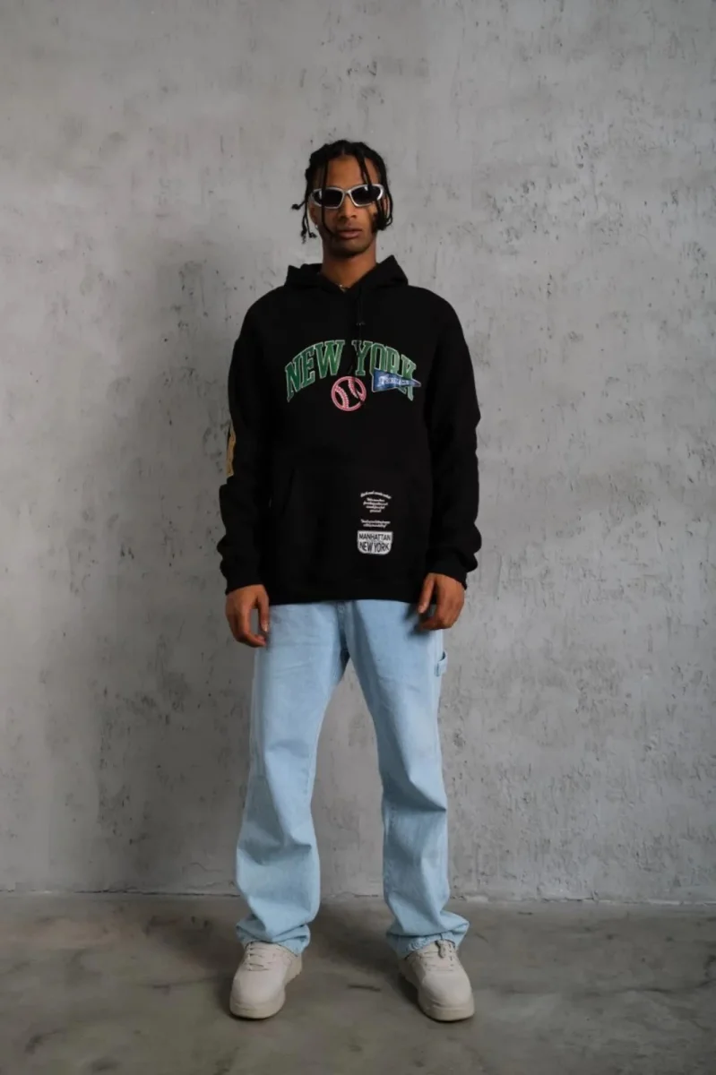 Baskılı Kapüşonlu Sweatshirt - Siyah -