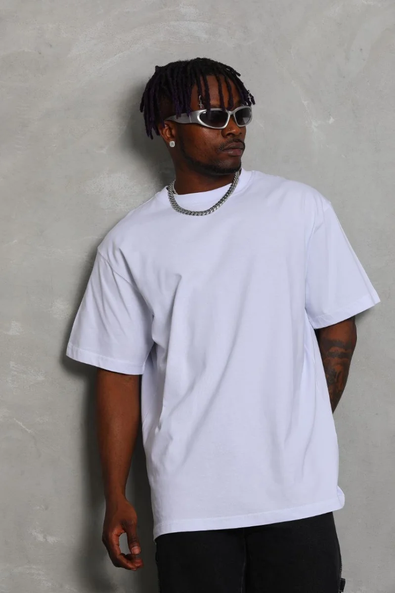 Oversize Düz Bisiklet Yaka T-Shirt - Beyaz -
