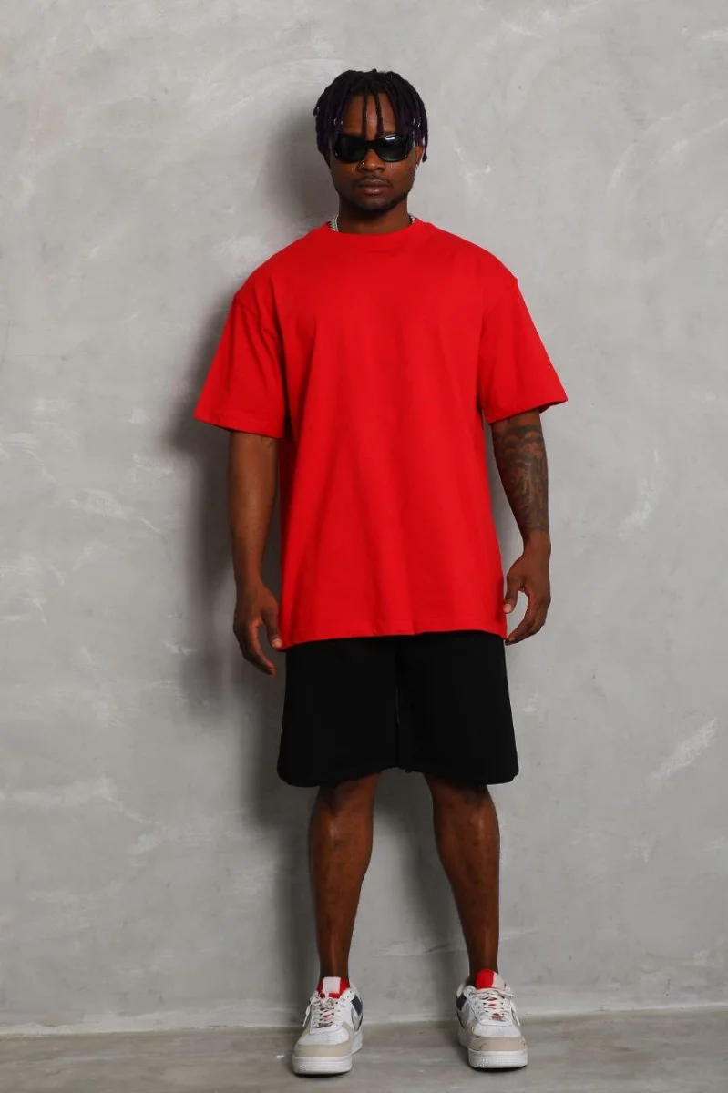 Oversize Düz Bisiklet Yaka T-Shirt - Kırmızı -