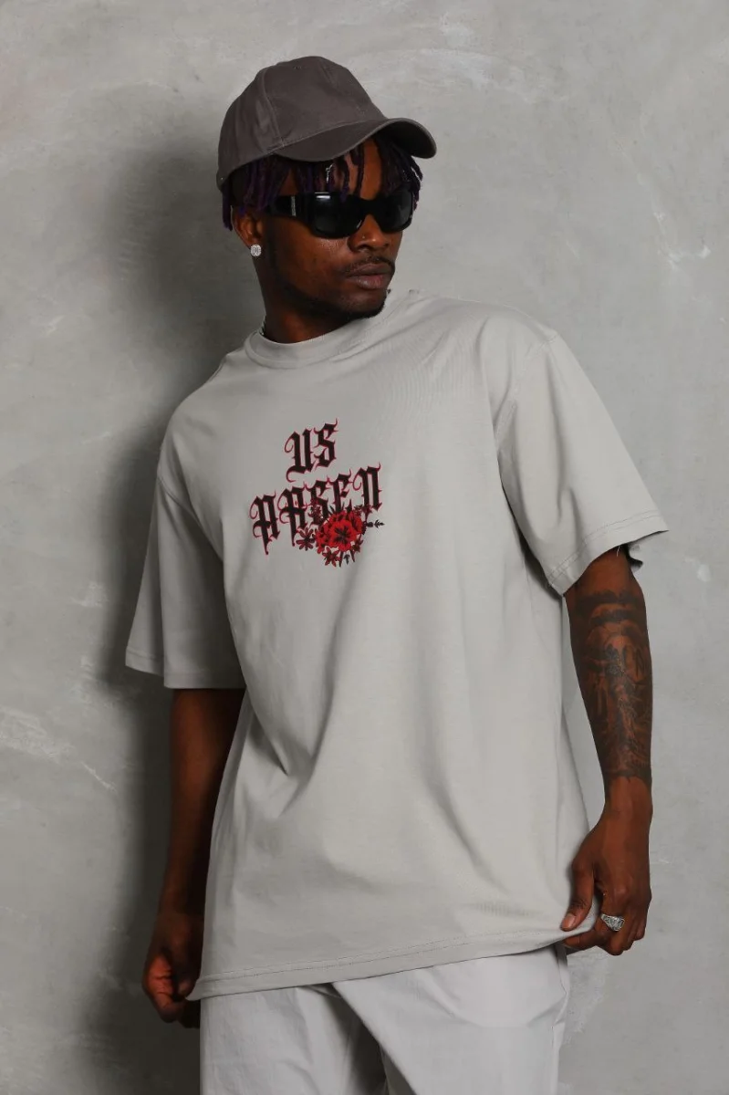 Oversize Baskılı Bisiklet Yaka T-Shirt - Gri -