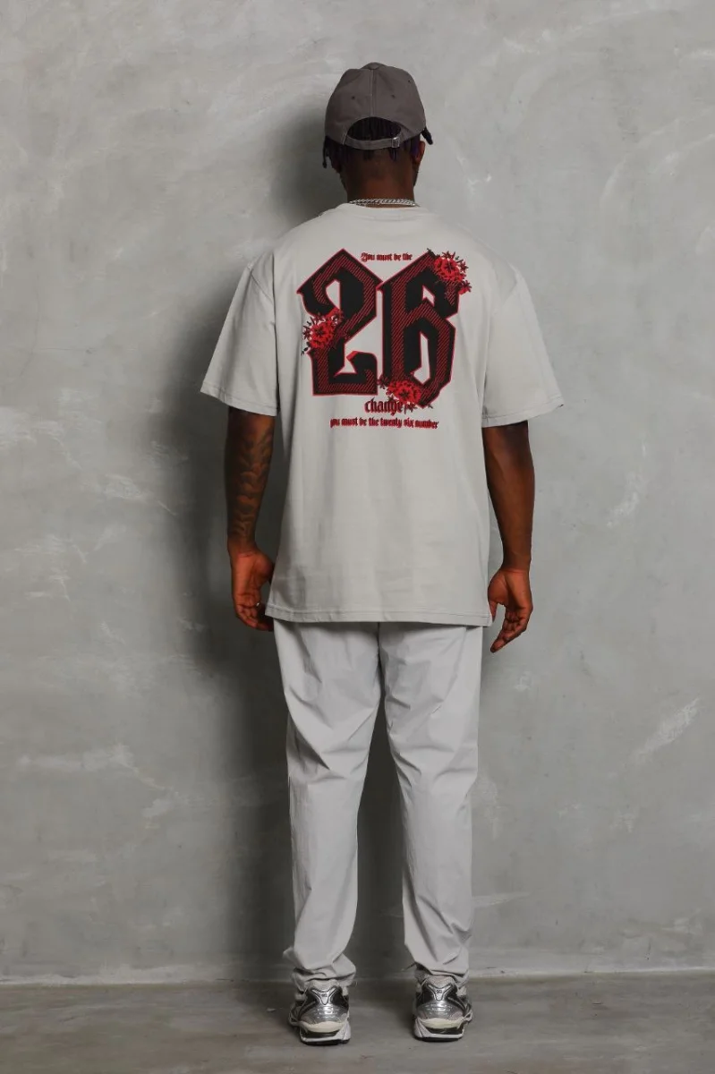 Oversize Baskılı Bisiklet Yaka T-Shirt - Gri -