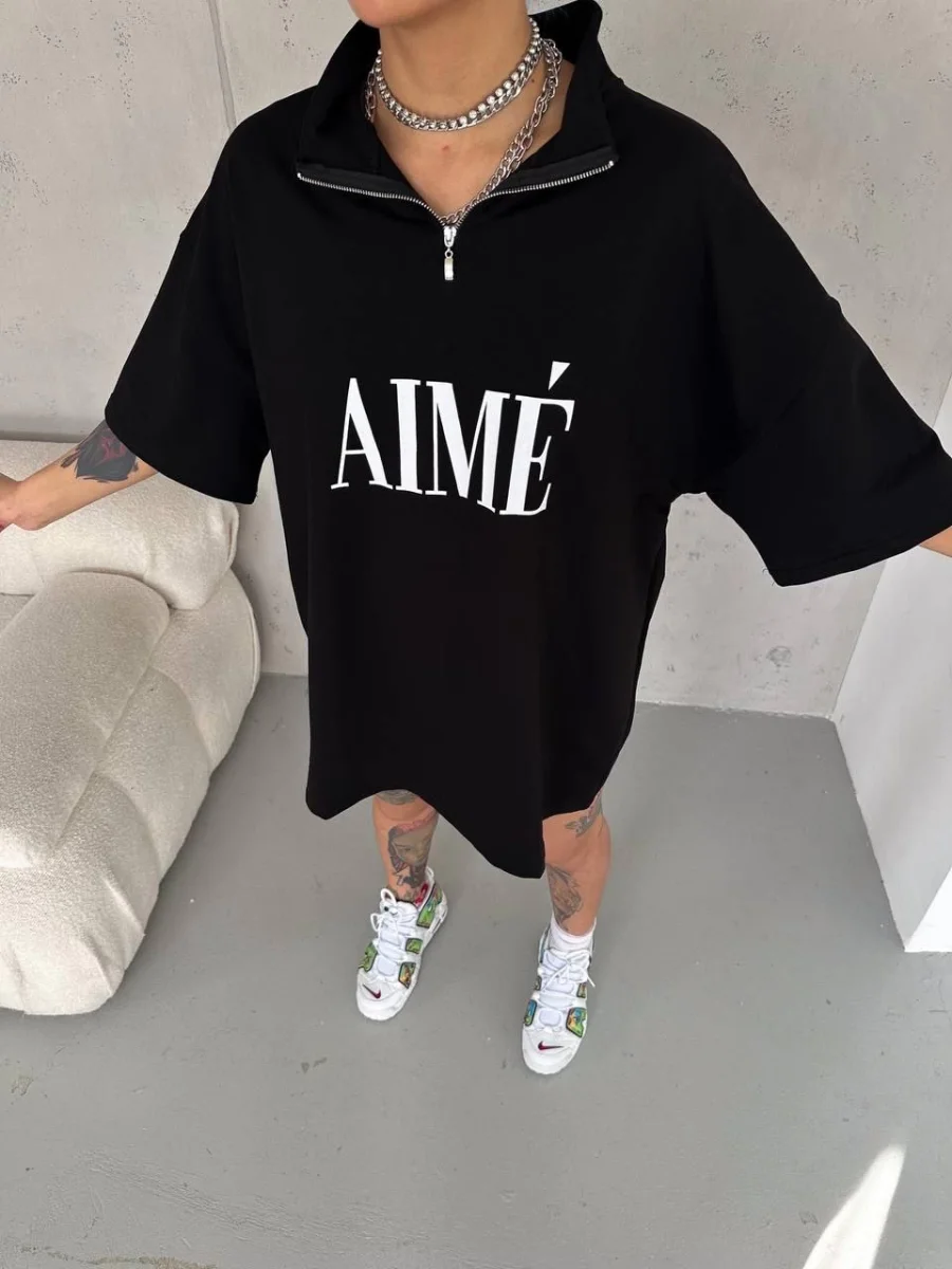 Yarım Fermuarlı Baskılı T-Shirt - Siyah -