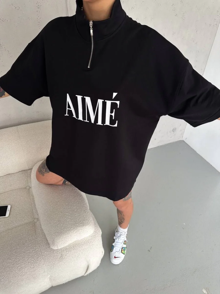 Yarım Fermuarlı Baskılı T-Shirt - Siyah -