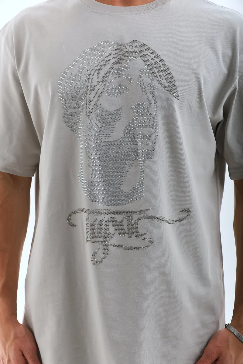 Oversize Taşlı Bisiklet Yaka T-Shirt - Gri -