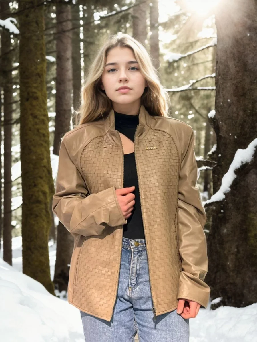 Fileli Deri Ceket - Krem -