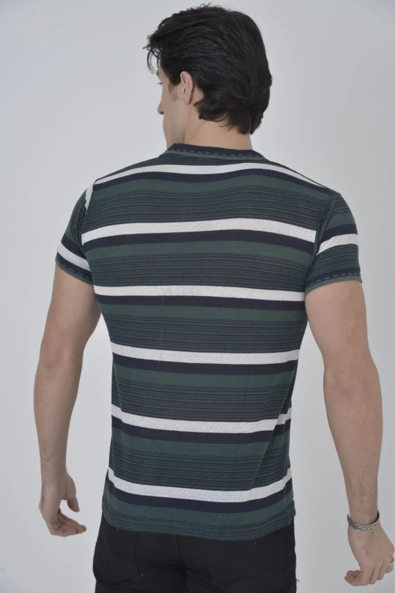 Yakalı Slim Fit Dokuma Çizgili T-Shirt - Haki -
