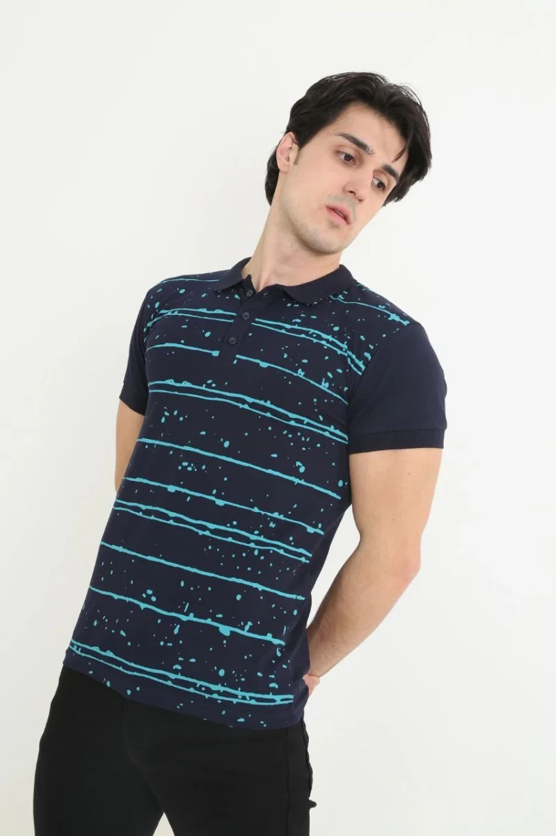 Yakalı Slim Fit Pike Çizgili T-Shirt - Lacivert -