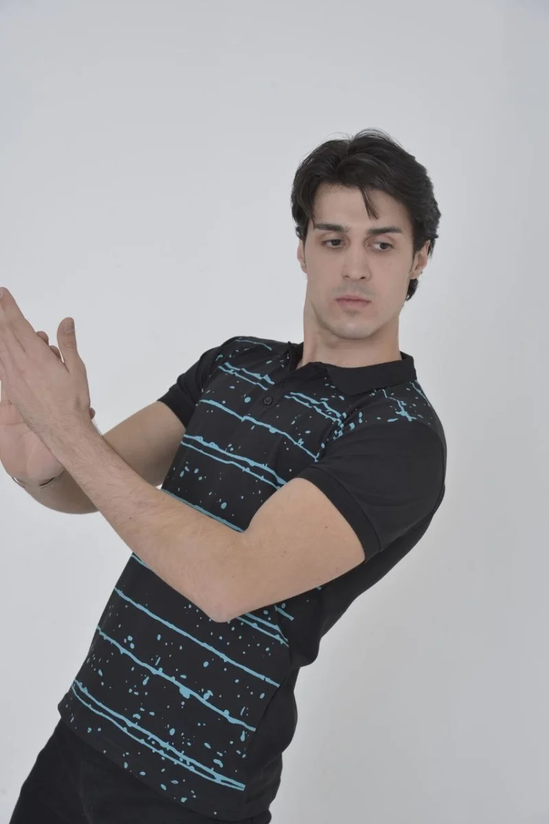 Yakalı Slim Fit Pike Çizgili T-Shirt - Siyah -