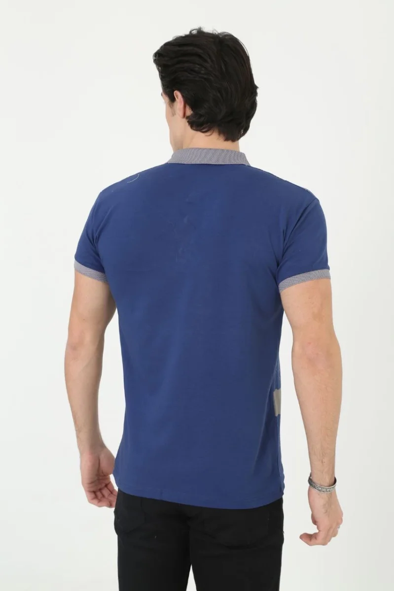 Yakalı Slim Fit Baskılı T-Shirt - Mavi -