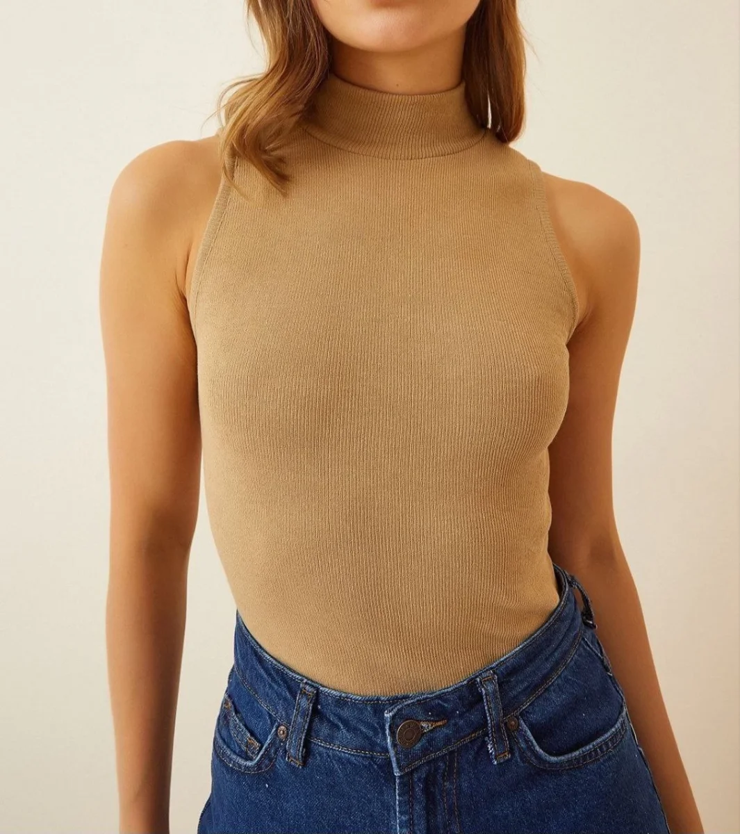 Full Likralı Fitilli Kaşkorse Body - Camel -