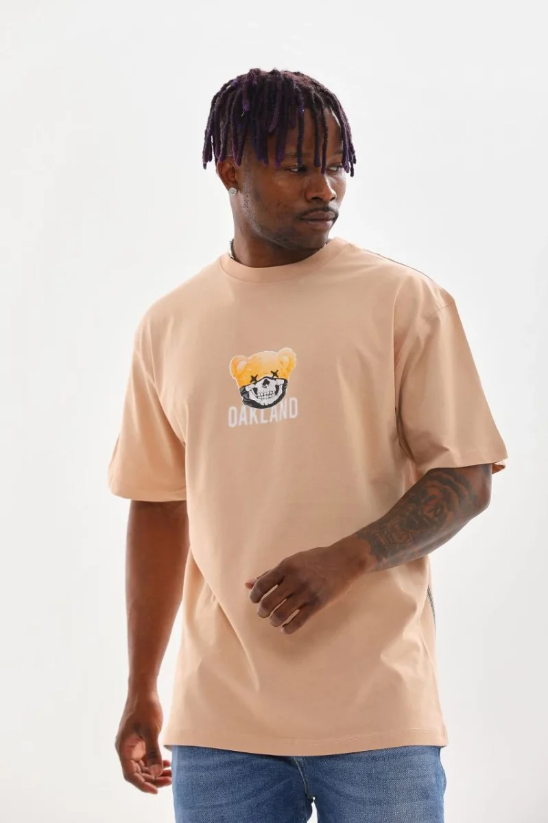 Baskılı Oversize T-Shirt - Bej -