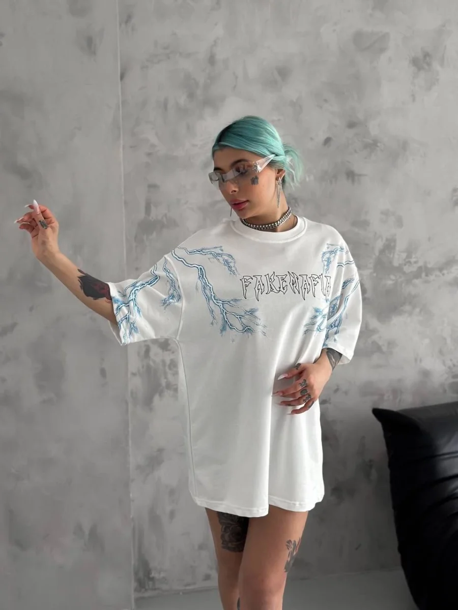 Bisiklet Yaka Baskılı Oversize T-Shirt - Beyaz -
