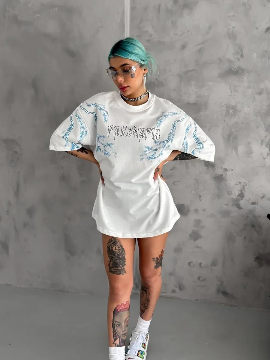 Bisiklet Yaka Baskılı Oversize T-Shirt - Beyaz -