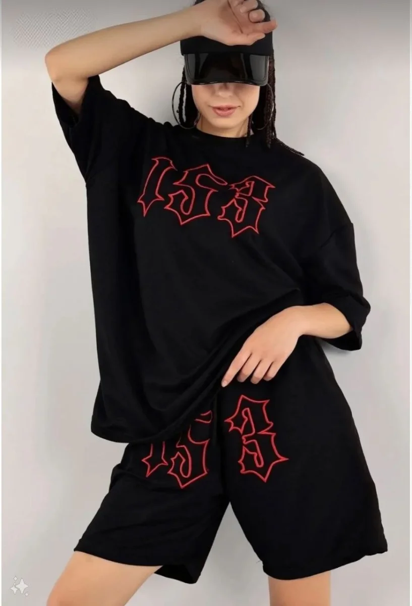 Nakış İşlemeli Şort Takım - Siyah -