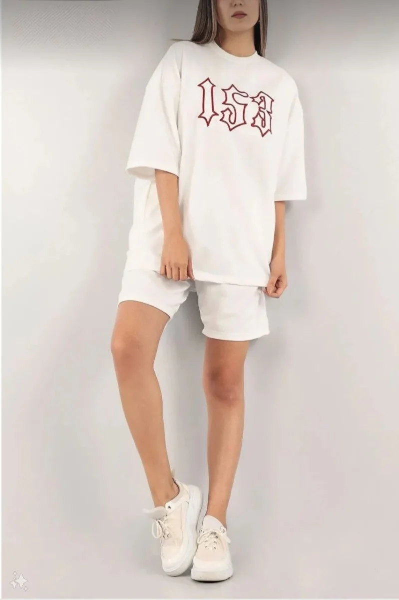 Nakış İşlemeli Şort Takım - Beyaz -