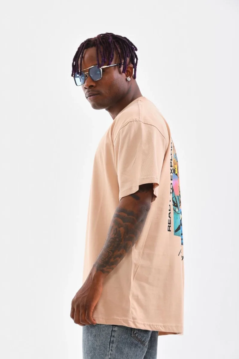 Bisiklet Yaka Baskılı Oversize T-Shirt - Bej -