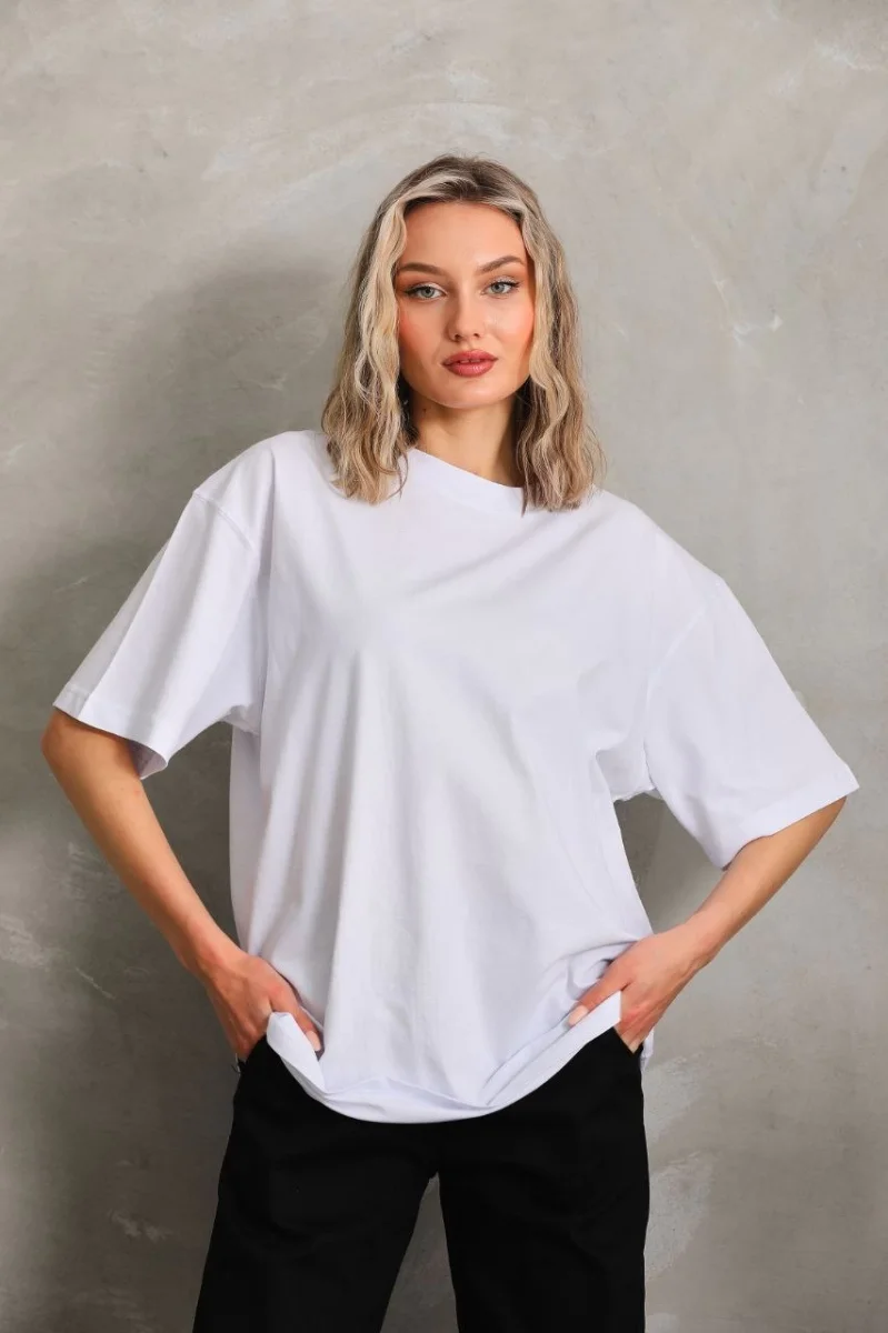 Bisiklet Yaka 20/1 Düz Oversize T-Shirt - Beyaz -