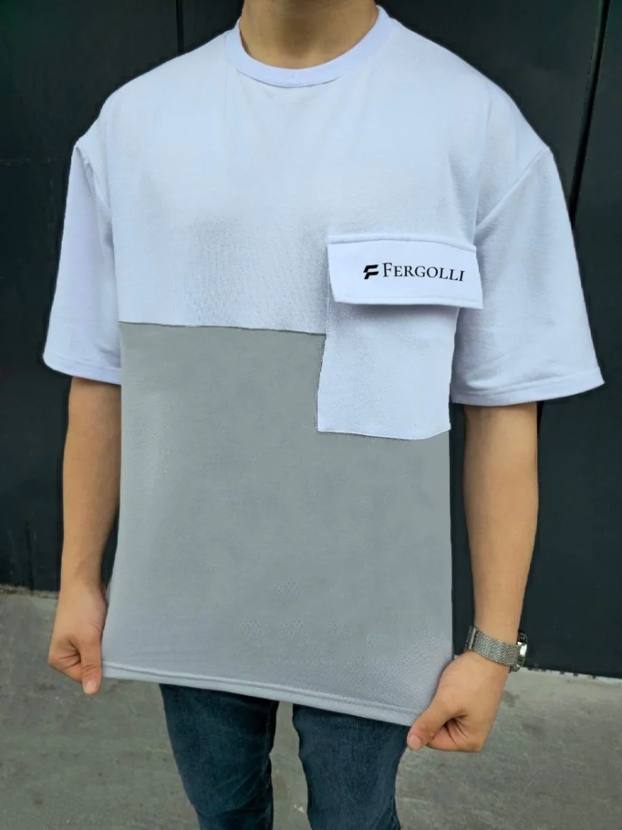 Torba Cep Detaylı  Parçalı T-Shirt - Gri -