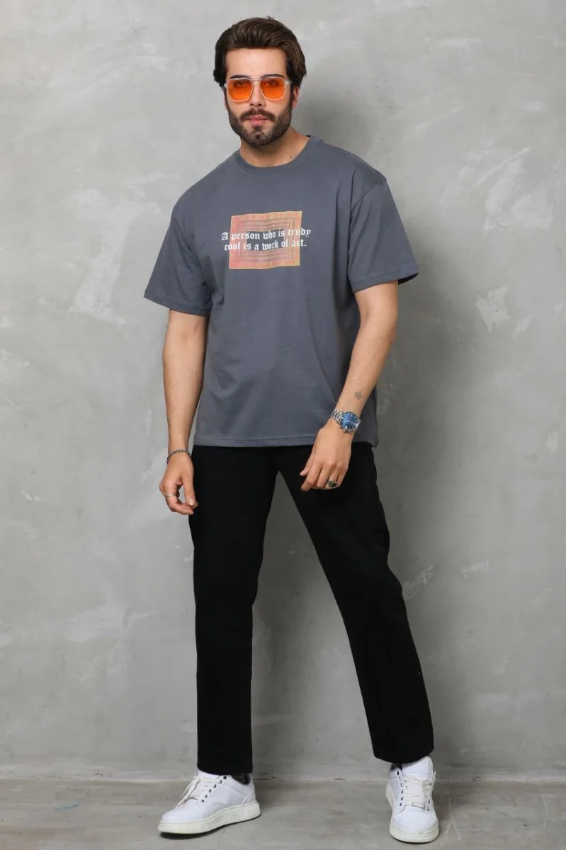 Bisiklet Yaka Baskılı Oversize T-Shirt - Füme -