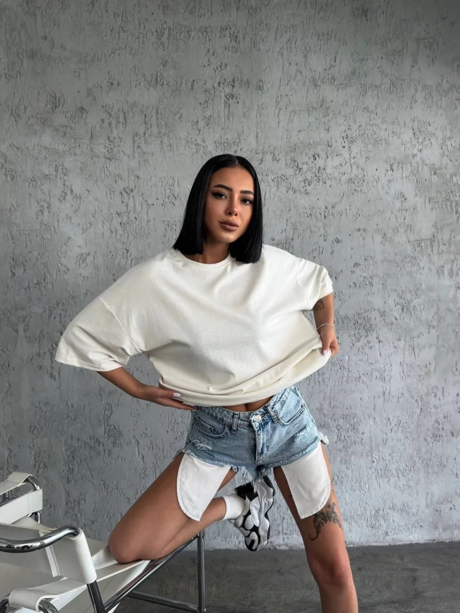 Düz Biskilet Yaka Oversize T-shirt - Beyaz -