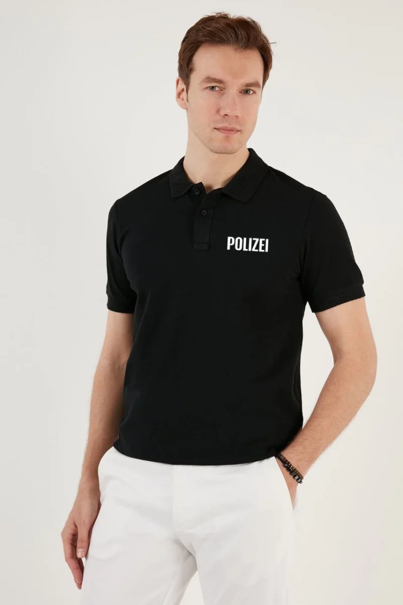 Yakası Düğmeli Yakalı Pike Baskılı T-Shirt - Siyah -