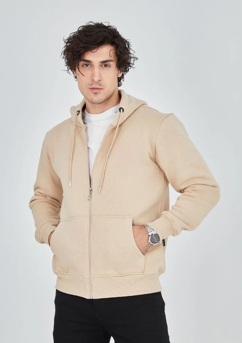 Tam Fermuarlı Kapşonlu  SweatShirt - Bej -