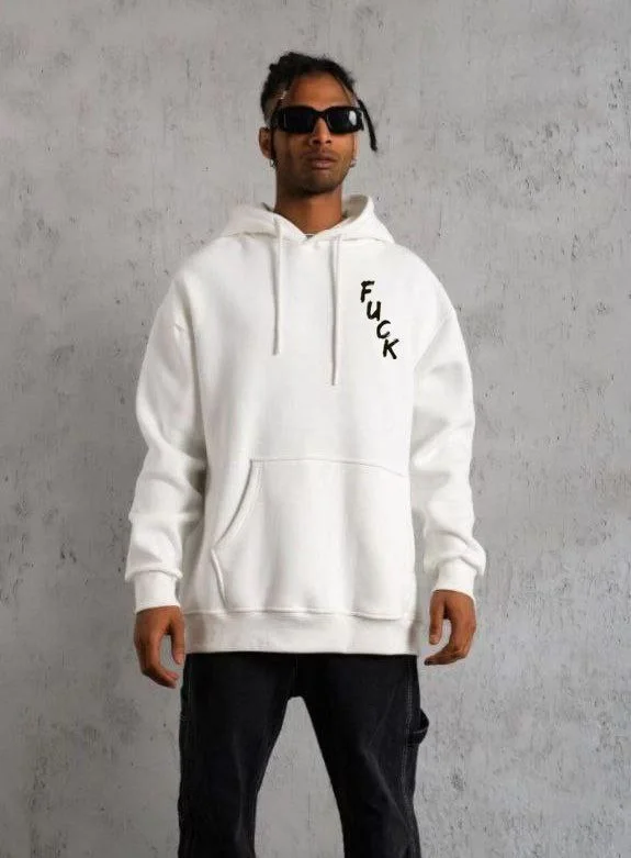 Kapşonlu Uzun Kol Baskılı Sweetshirt - Beyaz -