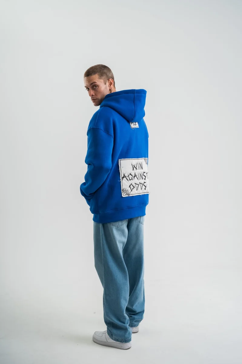 Kapşonlu Uzun Kol Patchli Nakışlı SweatShirt - Mavi -