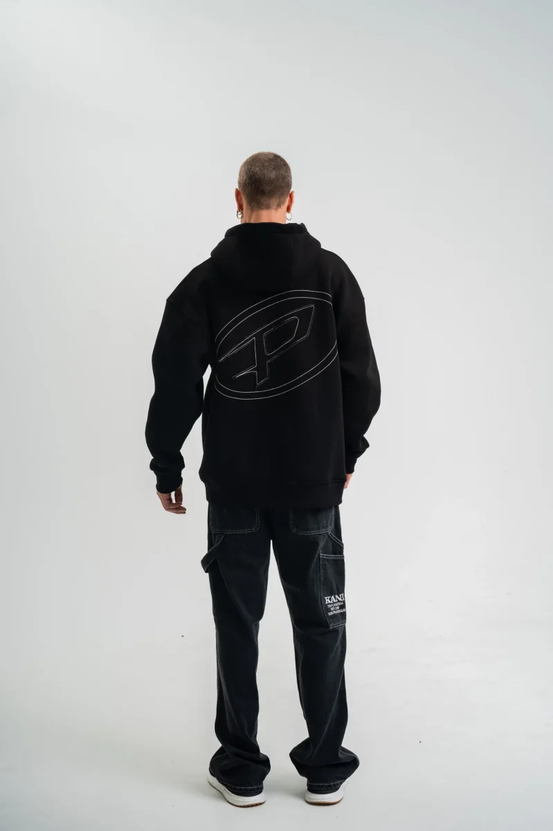 Üç İplik Kapşonlu Nakışlı SweatShirt - Siyah -