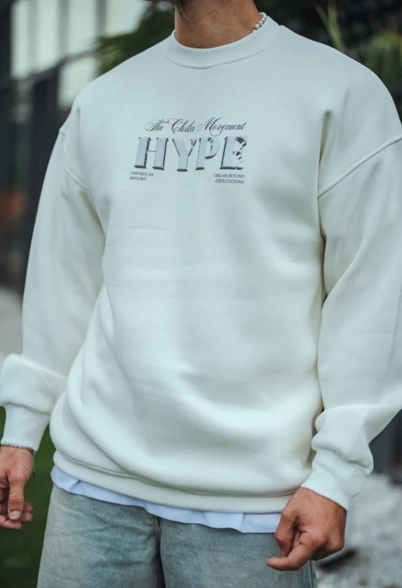 Üç İplik Bisiklet Yaka Baskılı SweatShirt - Beyaz -