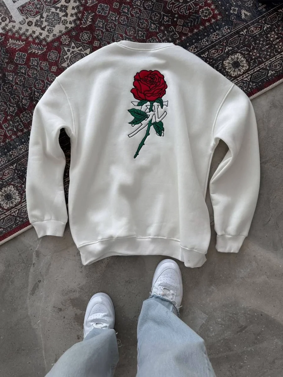 Bisiklet Yaka Ön Ve Arka Baskılı SweatShirt - Beyaz -