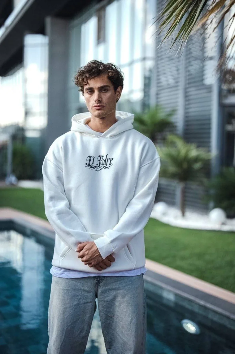 Üç İplik Penye Kapşonlu Baskılı SweatShirt - Beyaz -