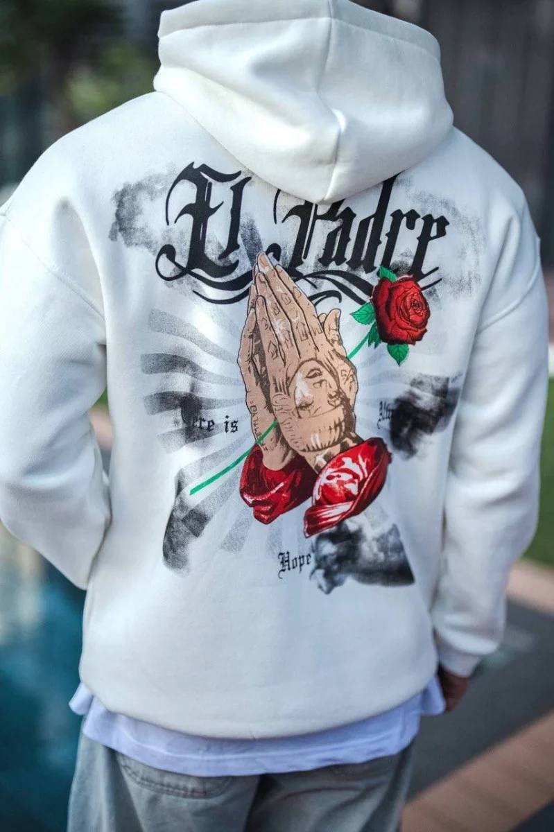 Üç İplik Penye Kapşonlu Baskılı SweatShirt - Beyaz -