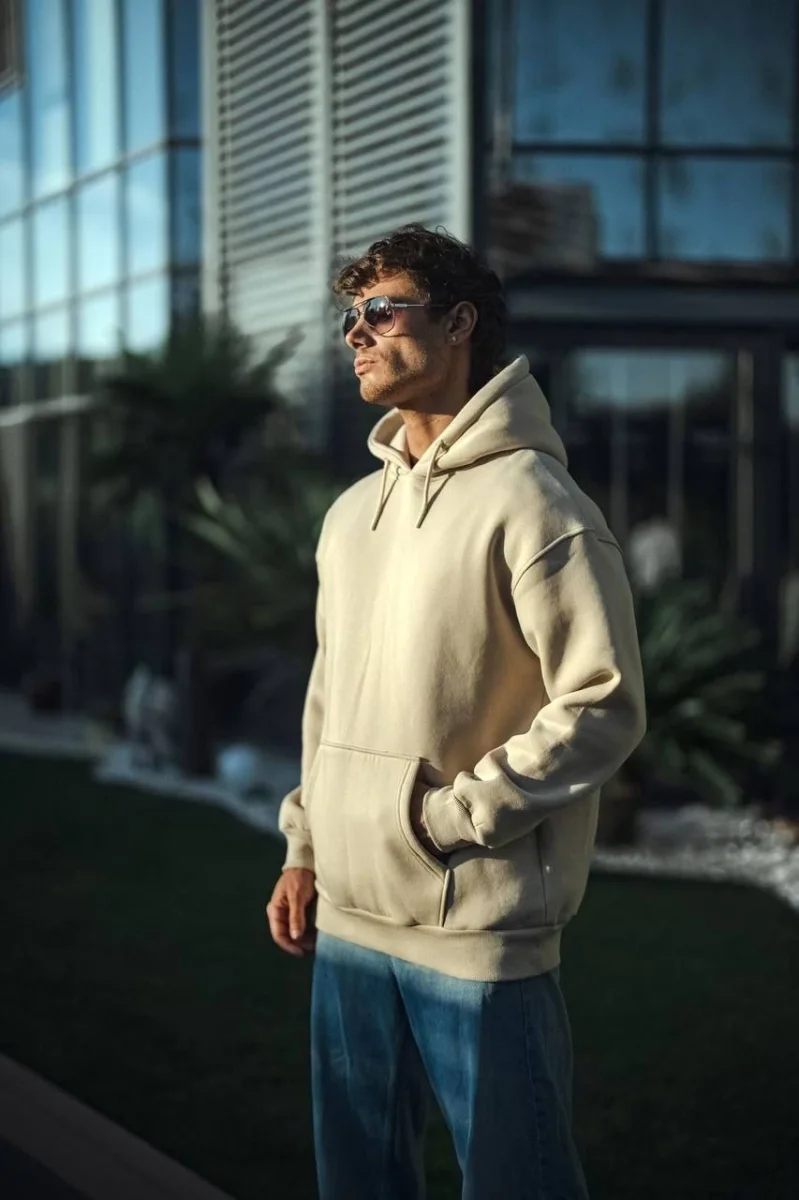 Üç İplik Penye Kapşonlu Basic SweatShirt - Bej -