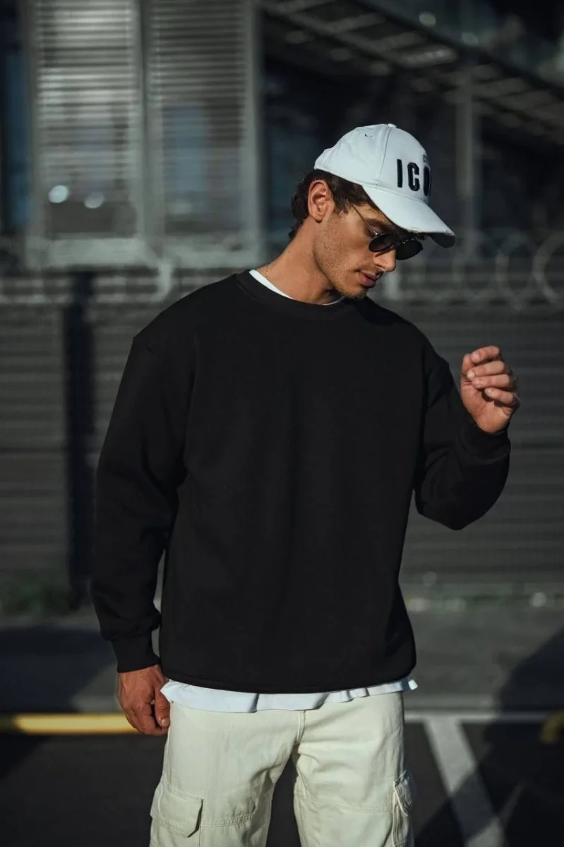 Kışlık Bisiklet Yaka Üç İplik Basic SweatShirt - Siyah -