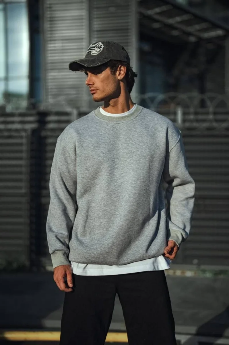 Kışlık Bisiklet Yaka Üç İplik Basic SweatShirt - Gri -