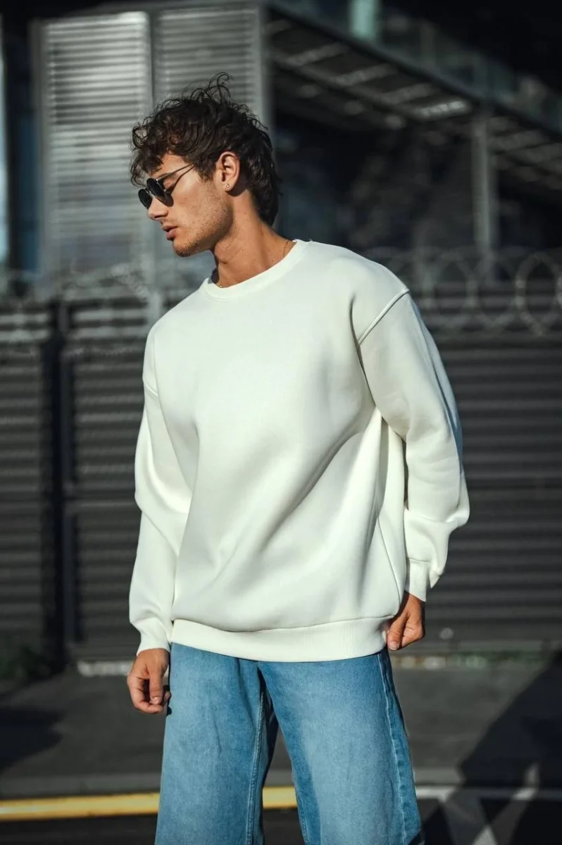Kışlık Bisiklet Yaka Üç İplik Basic SweatShirt - Beyaz -