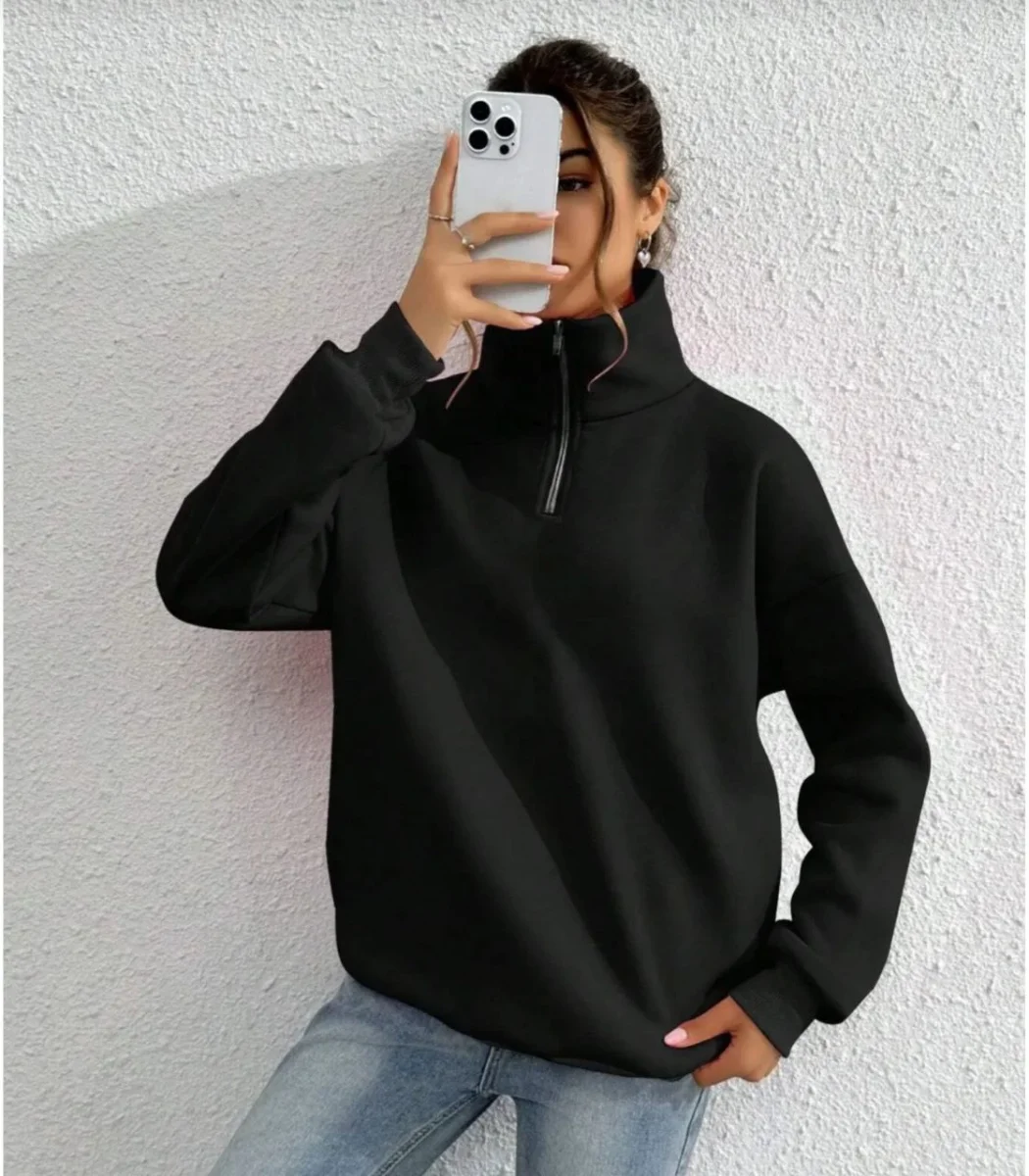 Uzun Kol Yarım Farmuarlı Yakalı Basic SweatShirt - Siyah -