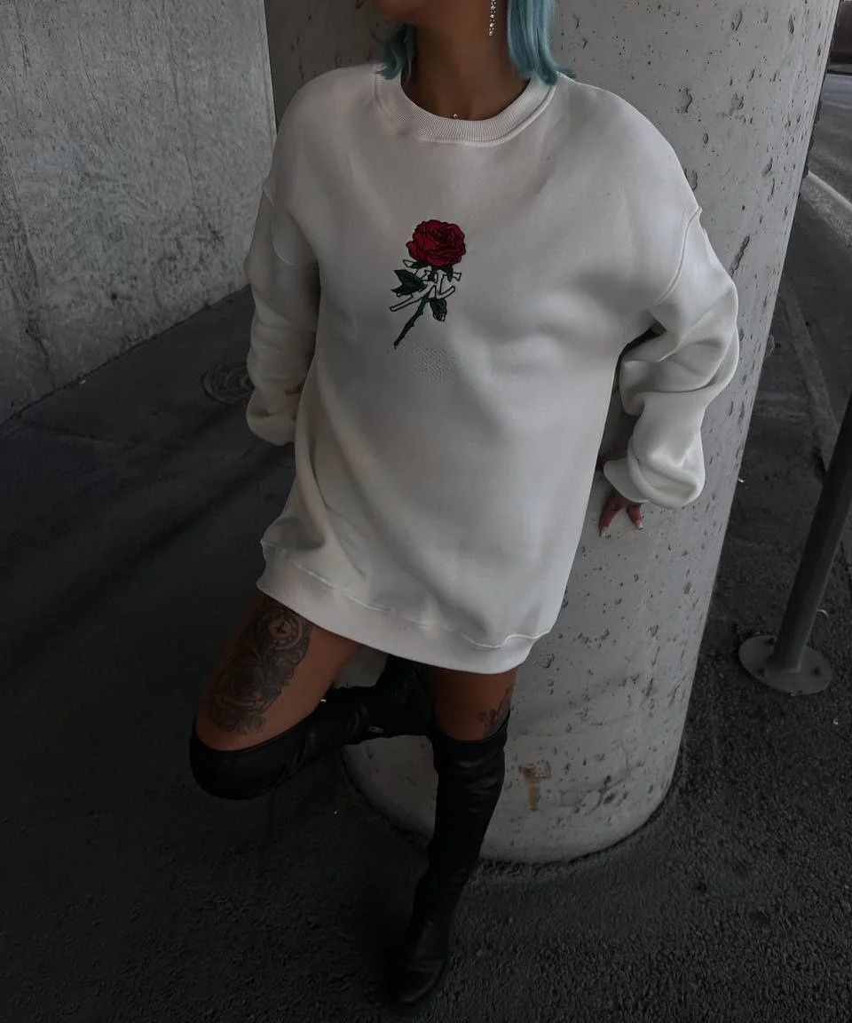 Oversize Üç İplik Bisiklet Yaka Baskılı SweatShirt - Beyaz -