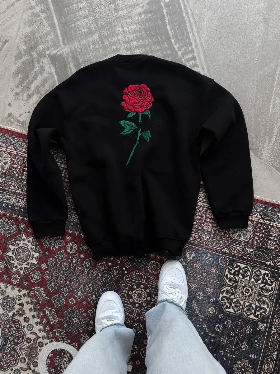 Oversize Üç İplik Bisiklet Yaka Baskılı SweatShirt - Siyah -