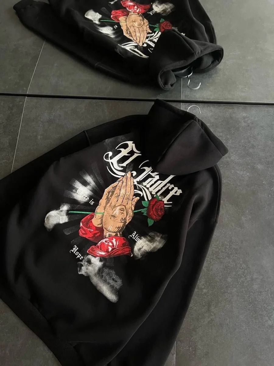 Üç İplik Penye Uzun Kol Kapşonlu Baskılı SweatShirt - Siyah -