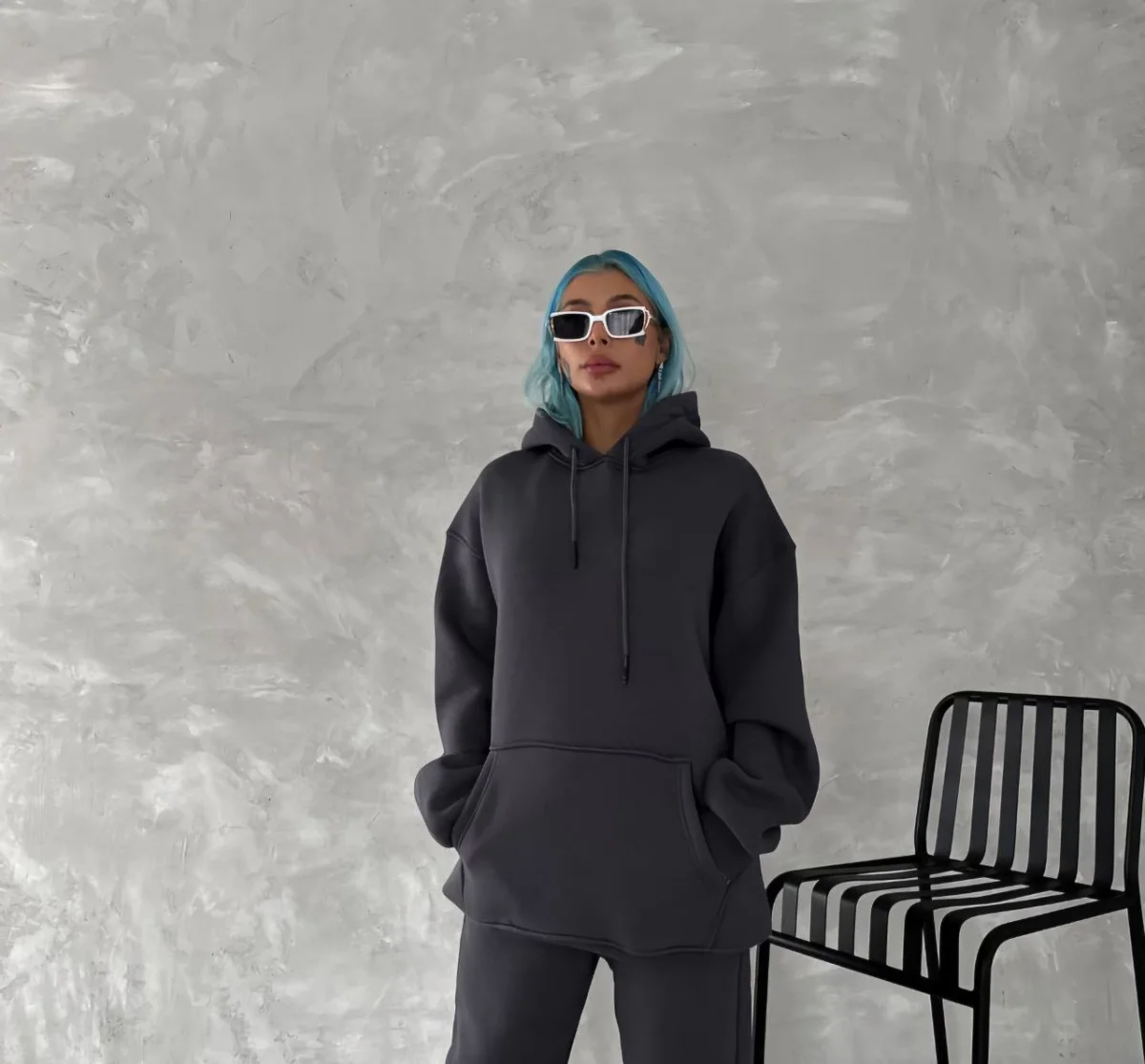 Kapüşonlu Üç İplik Penye Basic SweatShirt - Füme -