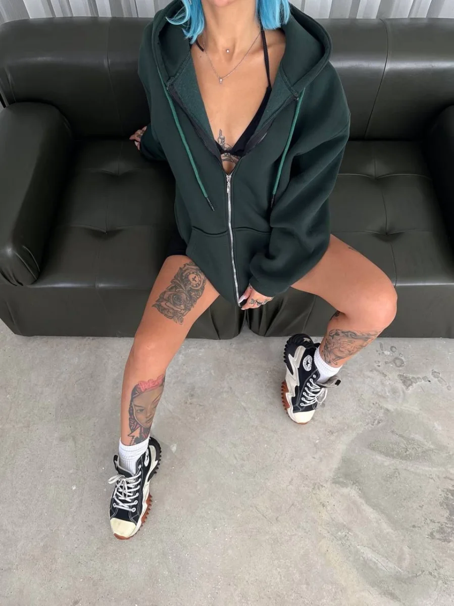 Oversize Tam Fermuarlı Uzun Kol Hırka - Haki -