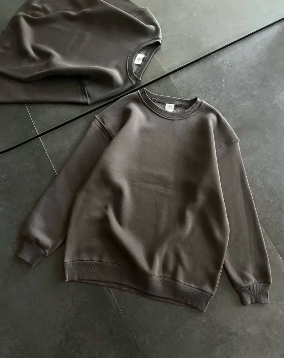 Kışlık Bisiklet Yaka Üç İplik Basic SweatShirt - Füme -