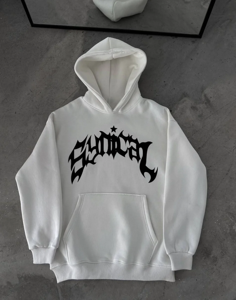 Üç İplik Kapüşonlu Baskılı Oversize SweatShirt- Beyaz -