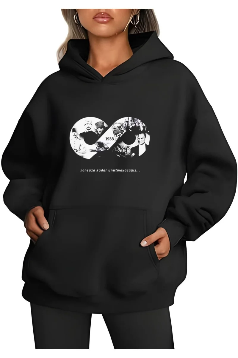 Üç İplik kapüşonlu 10 Kasıma Özel SweatShirt - Siyah -