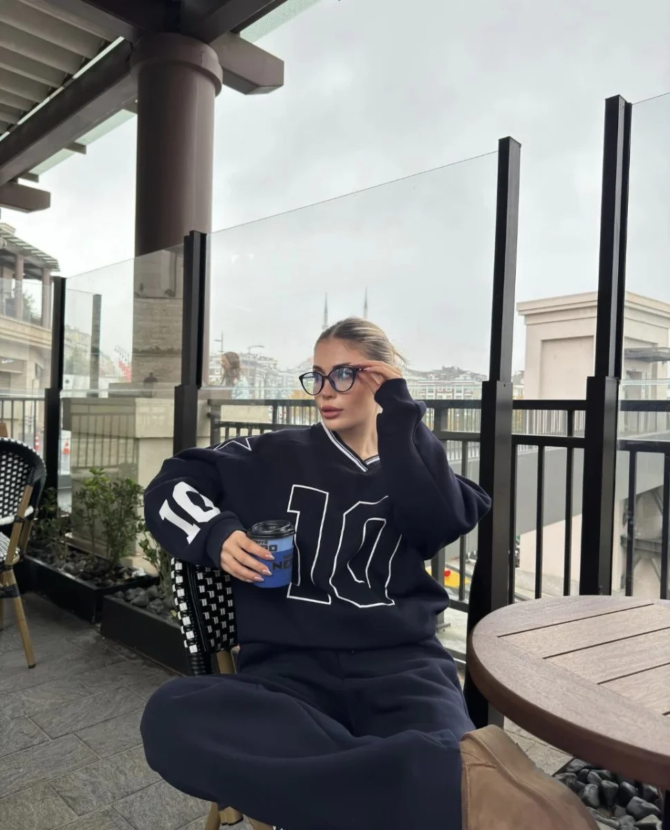 V Yaka Üç İplik Sweat Takım - Siyah -