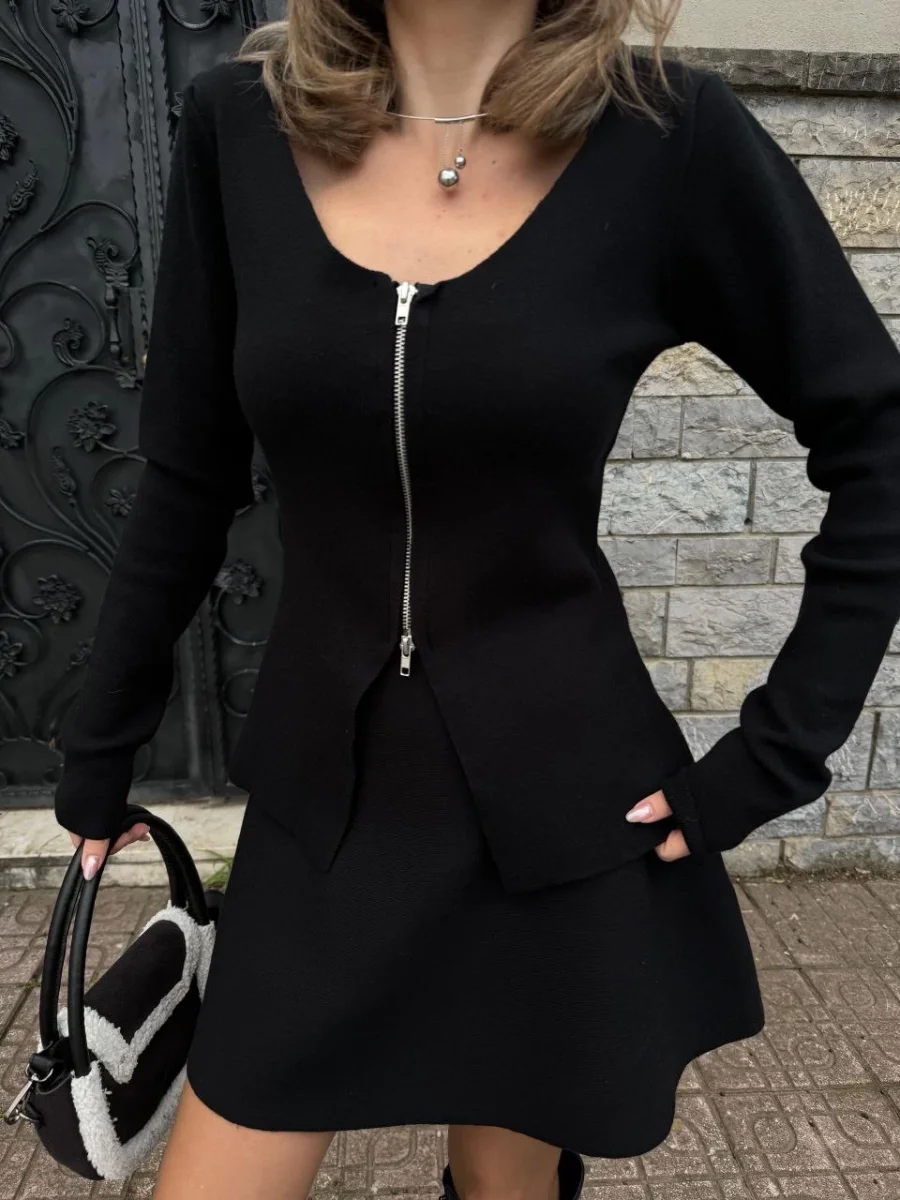 İkili Fermuarlı Hırkalı Etekli Takım - Siyah -