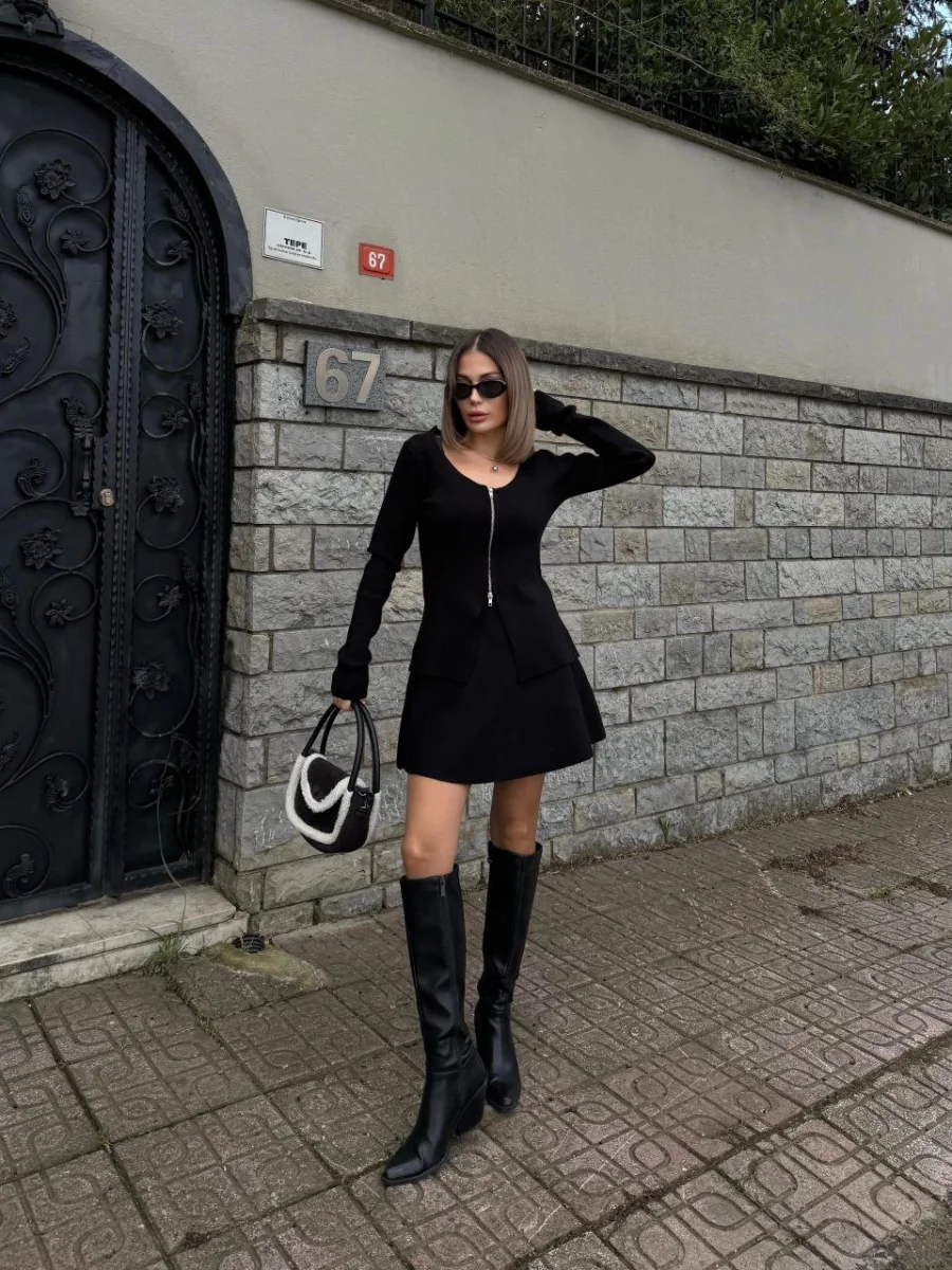 İkili Fermuarlı Hırkalı Etekli Takım - Siyah -