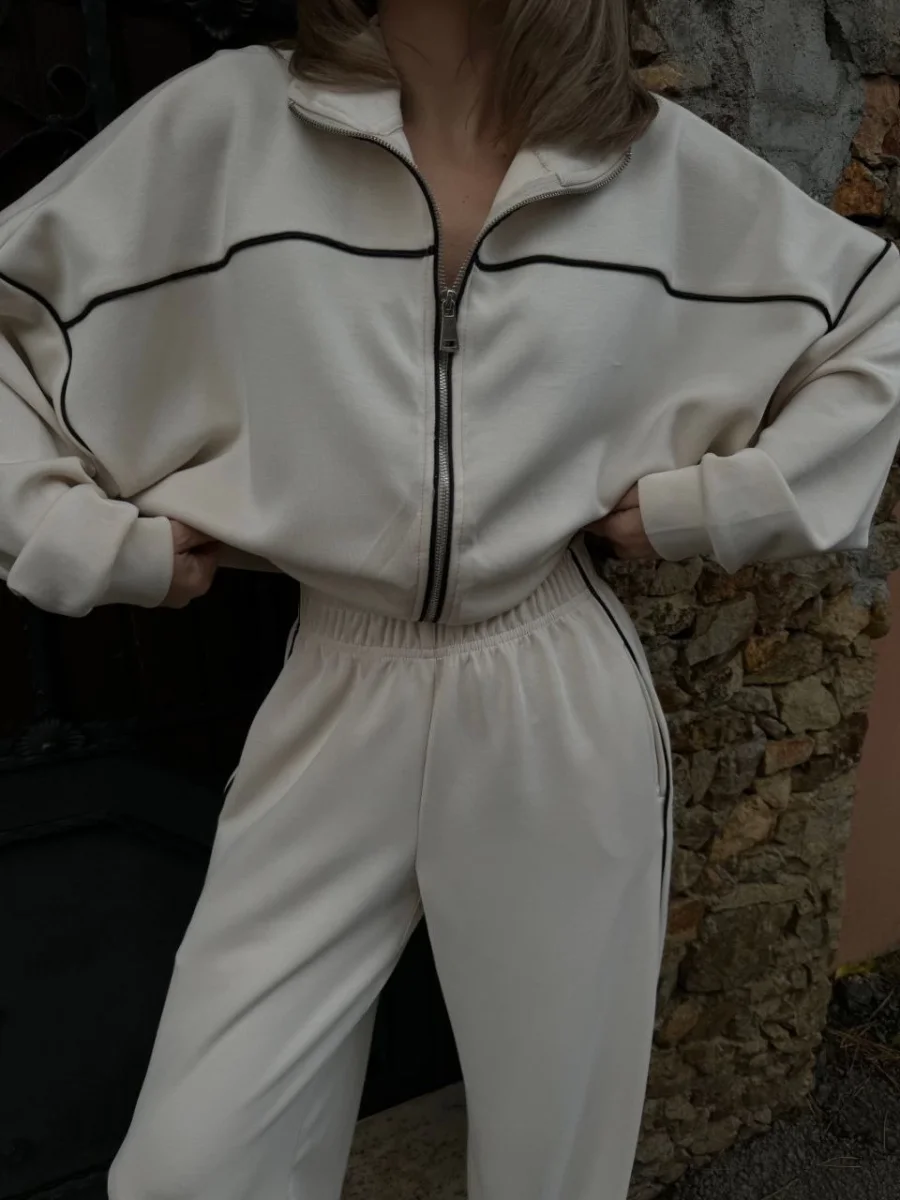 Fermuarlı Eşofman Pantolon İkili Takım - Beyaz -